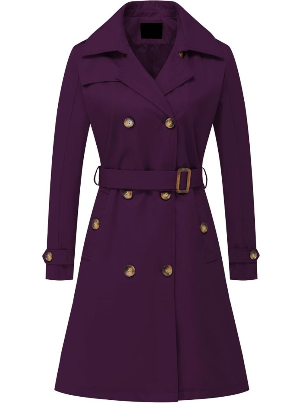 Womens Purple Detachable Hood Mid-Long Belted Double-Breasted Trench Rain Coat